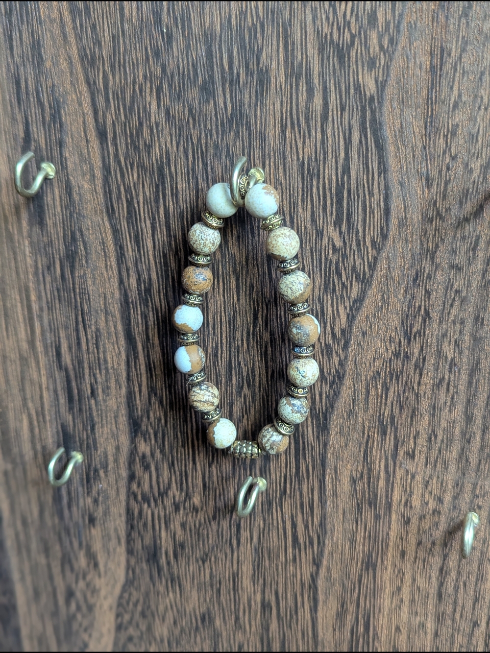Natural Stone Beaded Stretch Bracelet in Beige and Cream Handmade